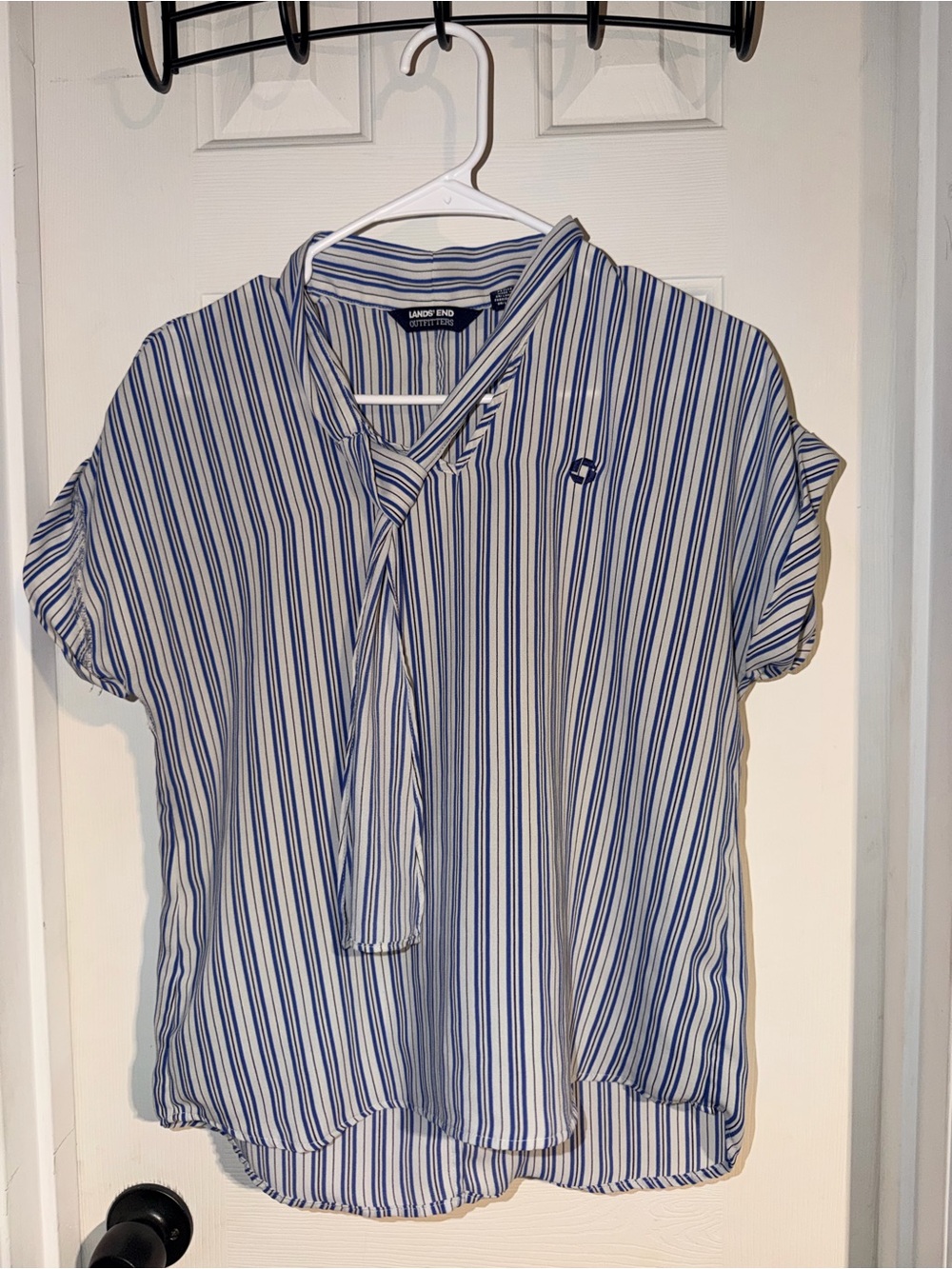 Lands' End Blue and White Striped Tie-Neck Blouse